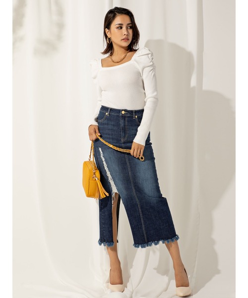 DURAS（デュラス）の「スリット入リストレッチデニムスカート（デニムスカート・レディース・インディゴブルー/ダークインディゴブルー・SMALL/MEDIUM）」の4枚目の写真