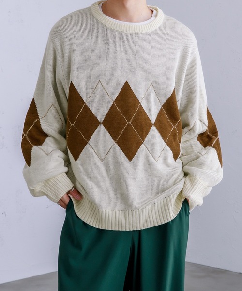 Adoon plain（アドーンプレーン）の「【Adoon plain】アーガイルセーター（ニット/セーター・メンズ・ライトブルー/グリーン/アイボリー・MEDIUM/LARGE）」の2枚目の写真