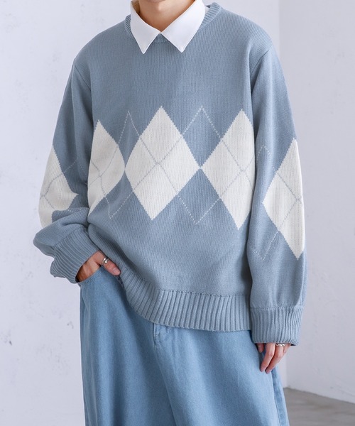 Adoon plain（アドーンプレーン）の「【Adoon plain】アーガイルセーター（ニット/セーター・メンズ・ライトブルー/グリーン/アイボリー・MEDIUM/LARGE）」の3枚目の写真