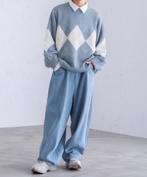 Adoon plain（アドーンプレーン）の「【Adoon plain】アーガイルセーター（ニット/セーター・メンズ・ライトブルー/グリーン/アイボリー・MEDIUM/LARGE）」の14枚目の写真