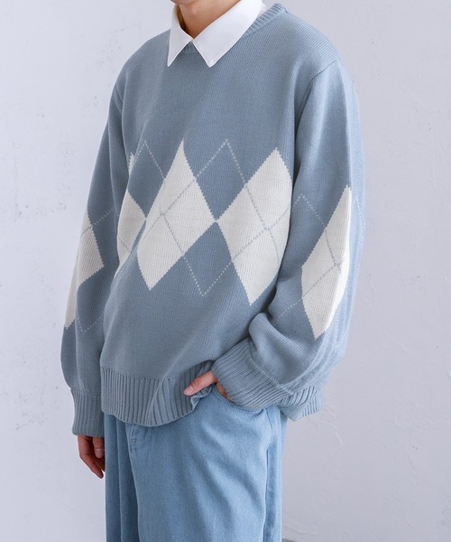 Adoon plain（アドーンプレーン）の「【Adoon plain】アーガイルセーター（ニット/セーター・メンズ・ライトブルー/グリーン/アイボリー・MEDIUM/LARGE）」の19枚目の写真
