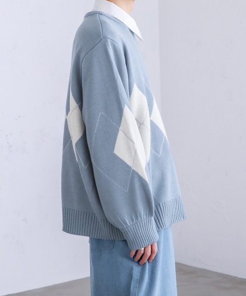 Adoon plain（アドーンプレーン）の「【Adoon plain】アーガイルセーター（ニット/セーター・メンズ・ライトブルー/グリーン/アイボリー・MEDIUM/LARGE）」の15枚目の写真