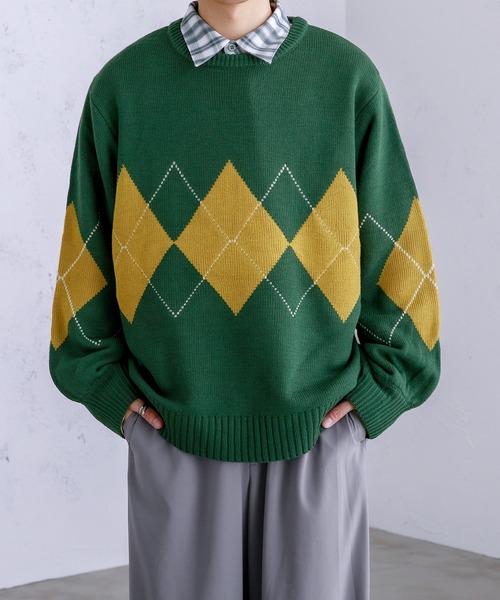 Adoon plain（アドーンプレーン）の「【Adoon plain】アーガイルセーター（ニット/セーター・メンズ・ライトブルー/グリーン/アイボリー・MEDIUM/LARGE）」の5枚目の写真