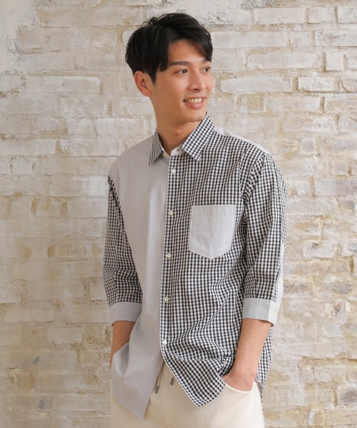 UNION STATION（ユニオンステーション）の「ブロードマテリアル 七分丈マルチテキスタイルパターンシャツ（シャツ/ブラウス・メンズ・ブラック系その他/ブルー系その他/ベージュ系その他・LL/M/L）」の2枚目の写真