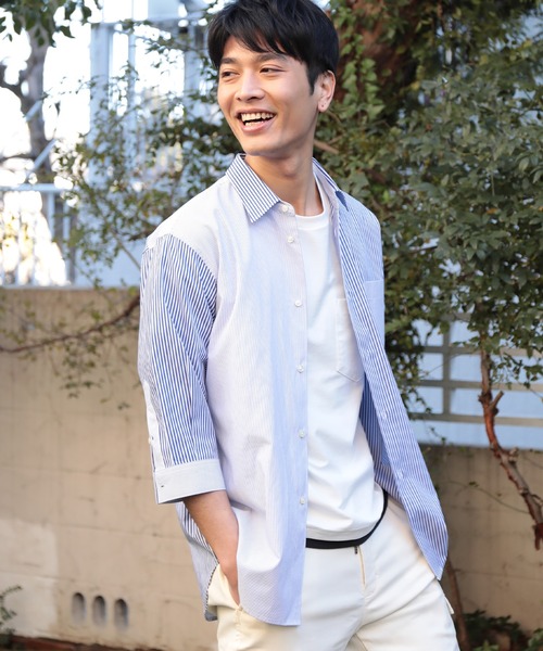 UNION STATION（ユニオンステーション）の「ブロードマテリアル 七分丈マルチテキスタイルパターンシャツ（シャツ/ブラウス・メンズ・ブラック系その他/ブルー系その他/ベージュ系その他・LL/M/L）」の4枚目の写真