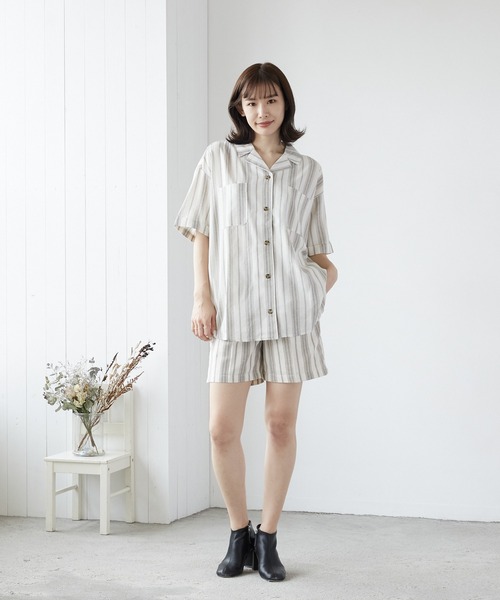 Mayree（メイリー）の「【Mayree】ストライプタックショートパンツ　セットアップ可（スラックス・レディース・アイボリー/ライトカーキ・FREE）」の6枚目の写真