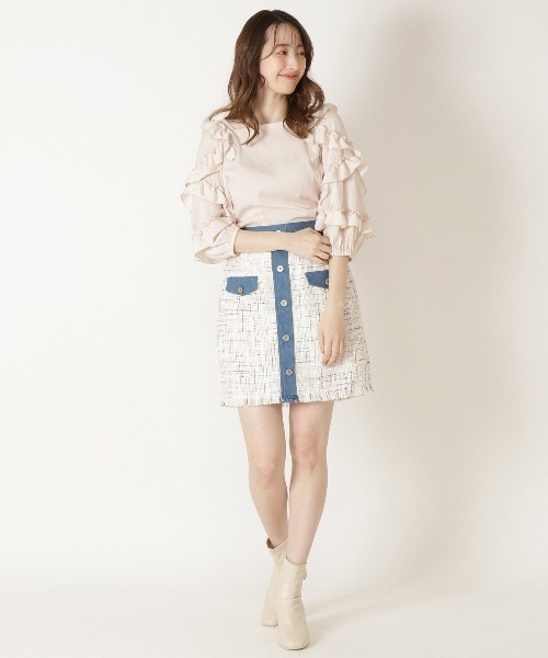WILLSELECTION（ウィルセレクション）の「デニム切替ミックスツイードミニスカート（スカート・レディース・オフホワイト/ネイビー・SMALL/MEDIUM）」の5枚目の写真