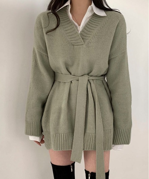 BEIDELLI（ベイデリー）の「[BELLIDE MADE] Vネックベルテッドルーズニットワンピース（ワンピース・レディース・ブラック/モカ/カーキ/イエロー・FREE）」の4枚目の写真