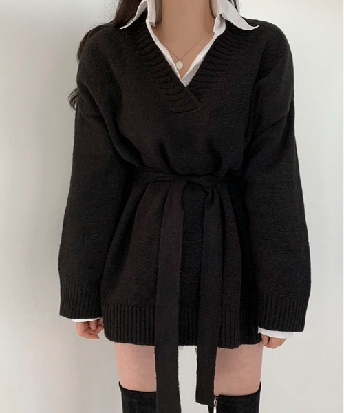 BEIDELLI（ベイデリー）の「[BELLIDE MADE] Vネックベルテッドルーズニットワンピース（ワンピース・レディース・ブラック/モカ/カーキ/イエロー・FREE）」の17枚目の写真