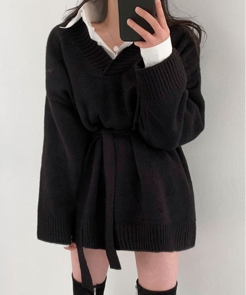 BEIDELLI（ベイデリー）の「[BELLIDE MADE] Vネックベルテッドルーズニットワンピース（ワンピース・レディース・ブラック/モカ/カーキ/イエロー・FREE）」の11枚目の写真