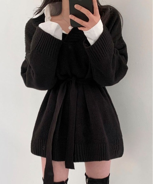 BEIDELLI（ベイデリー）の「[BELLIDE MADE] Vネックベルテッドルーズニットワンピース（ワンピース・レディース・ブラック/モカ/カーキ/イエロー・FREE）」の7枚目の写真