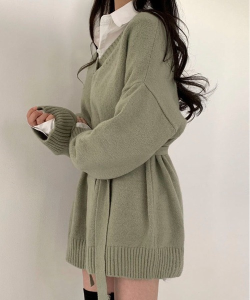 BEIDELLI（ベイデリー）の「[BELLIDE MADE] Vネックベルテッドルーズニットワンピース（ワンピース・レディース・ブラック/モカ/カーキ/イエロー・FREE）」の14枚目の写真