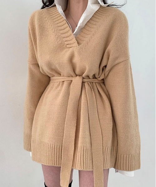 BEIDELLI（ベイデリー）の「[BELLIDE MADE] Vネックベルテッドルーズニットワンピース（ワンピース・レディース・ブラック/モカ/カーキ/イエロー・FREE）」の20枚目の写真