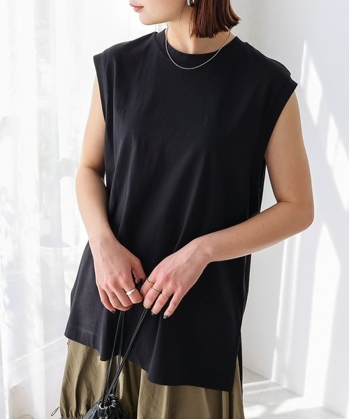 セール】オーバーサイズロング丈ノースリーブトップス（Tシャツ