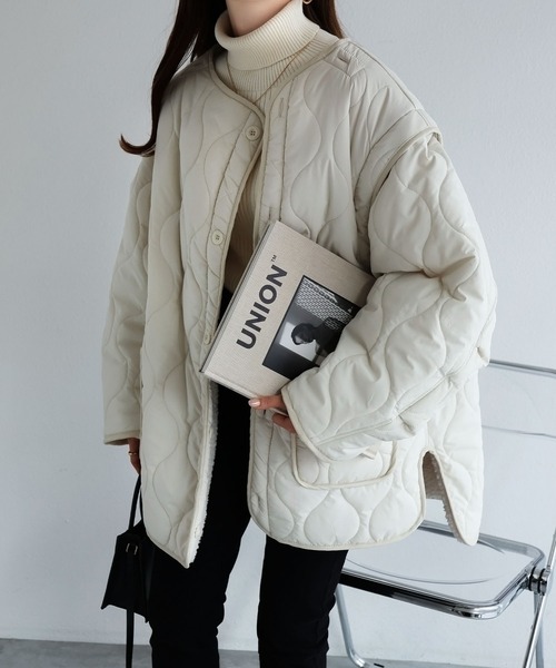 andme（アンドミー）の「4wayキルティングジャケット（ミリタリージャケット・レディース・ブラック/アイボリー/カーキ/ベージュ・M）」の2枚目の写真