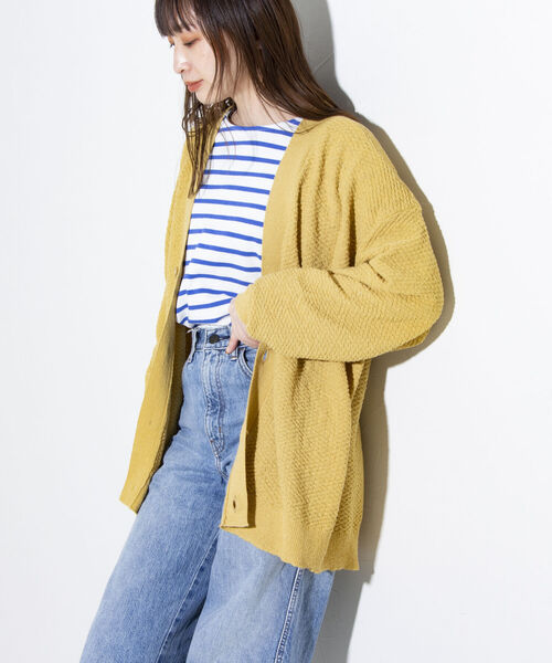 GLOSTER（グロスター）の「【ユニセックス対応】【GLOSTER/グロスター】カラーブークレ Vネック オーバーカーディガン ドロップショルダー（カーディガン/ボレロ・メンズ・ブラック/オリーブ/イエロー/オレンジ/ブルー・S/M/L）」の11枚目の写真