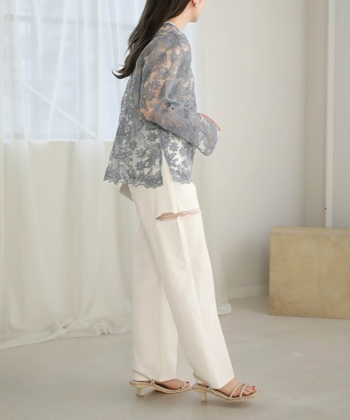 Bab(バブ)の「シアーエンブロイダリーレース2WAYブラウス(シャツ/ブラウス・レディース・ライトグレー/グリーン/アイボリー・M)」の5枚目の写真