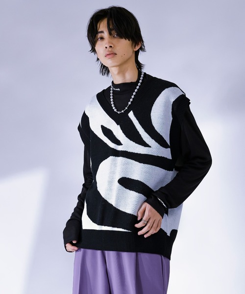 Ellno Loset（エルノロゼット）の「マーブルニットベスト（ベスト・メンズ・ブラック/グリーン・LARGE/MEDIUM）」の6枚目の写真