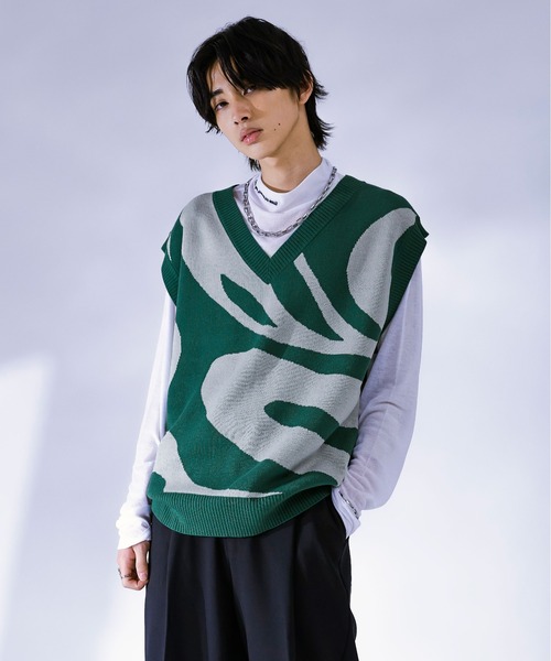 Ellno Loset（エルノロゼット）の「マーブルニットベスト（ベスト・メンズ・ブラック/グリーン・LARGE/MEDIUM）」の7枚目の写真
