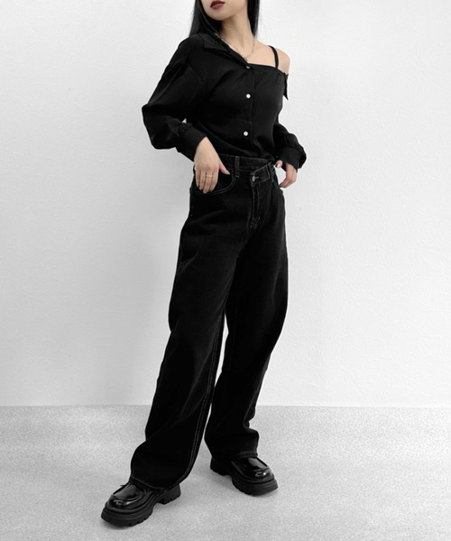 LVEU.（ラブユ.）の「Asymmetric waist design denim / アシンメトリーウエストデザインデニム（デニムパンツ・レディース・ブラック・FREE）」の10枚目の写真