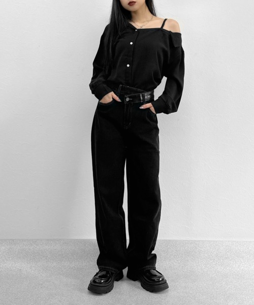 LVEU.（ラブユ.）の「Asymmetric waist design denim / アシンメトリーウエストデザインデニム（デニムパンツ・レディース・ブラック・FREE）」の2枚目の写真