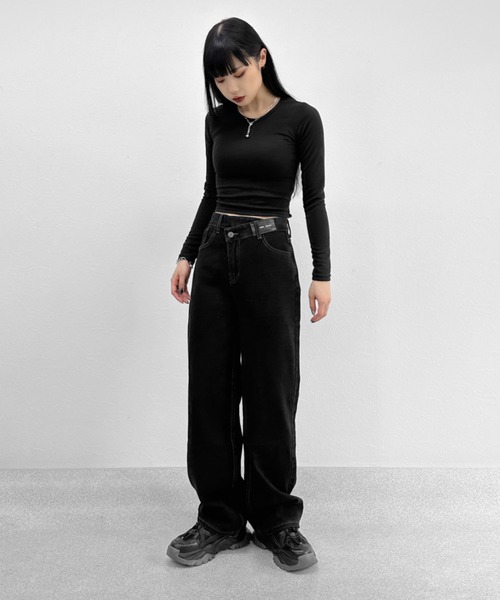 LVEU.（ラブユ.）の「Asymmetric waist design denim / アシンメトリーウエストデザインデニム（デニムパンツ・レディース・ブラック・FREE）」の9枚目の写真