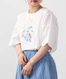 EMAGO フラワー刺繍5分袖ブラウス