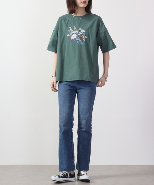 ブラウス シャツ EMAGO フラワー刺繍5分袖ブラウス レディース Emago ブラウス シャツ EMAGO フラワー刺繍5分袖ブラウス