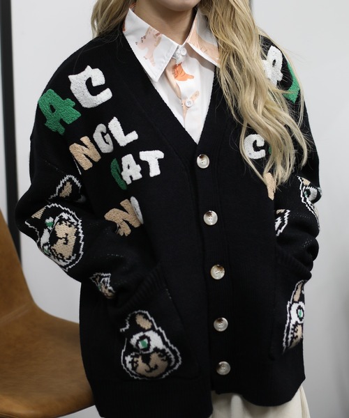 HOOK -original- 激カワ サガラ刺繍猫柄Vネックカーディガン