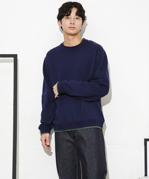 NANO universe（ナノユニバース）の「ダブルラインリブクルーネックスウェット（スウェット・メンズ・ネイビー/ホワイト/ブルーグリーン・M/S/L）」の3枚目の写真