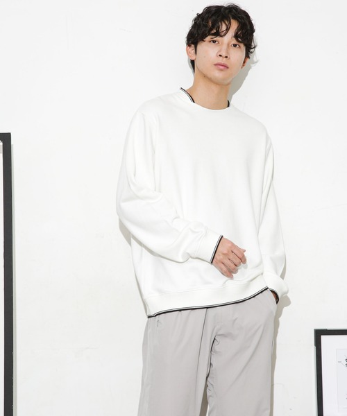 NANO universe（ナノユニバース）の「ダブルラインリブクルーネックスウェット（スウェット・メンズ・ネイビー/ホワイト/ブルーグリーン・M/S/L）」の4枚目の写真