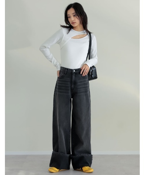 セール】ストレッチリブカットアウトデザイントップス（Tシャツ