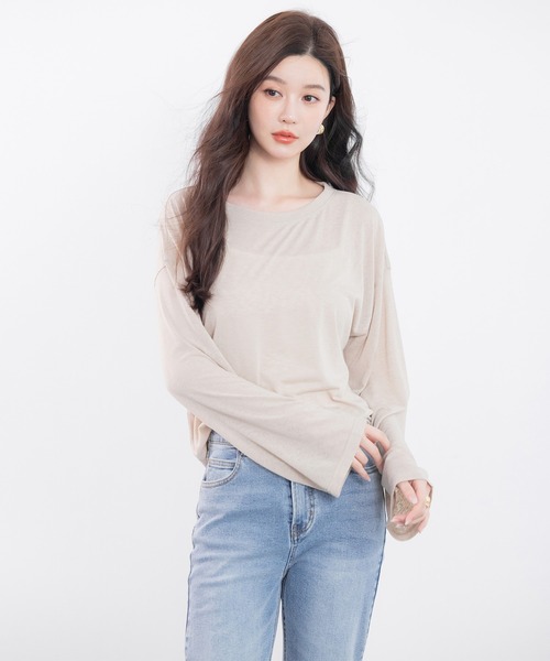 セール】シアー生地長袖クルーネックトップス（Tシャツ