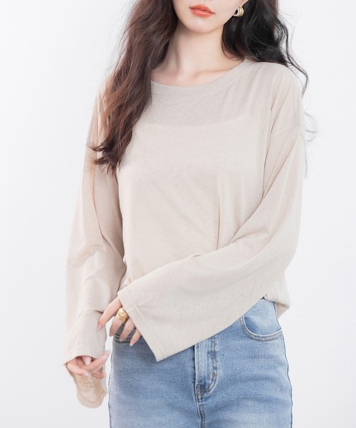 ベージュ 長袖 トップス シアー生地長袖クルーネックトップス（Tシャツ/カットソー