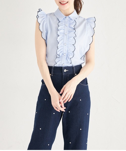 tocco closet(トッコ クローゼット)の「パール釦スカラップフリル配色ブラウス(シャツ/ブラウス・レディース・ライトブルー/オフホワイト・M)」の6枚目の写真