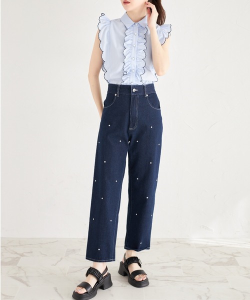 tocco closet(トッコ クローゼット)の「パール釦スカラップフリル配色ブラウス(シャツ/ブラウス・レディース・ライトブルー/オフホワイト・M)」の7枚目の写真