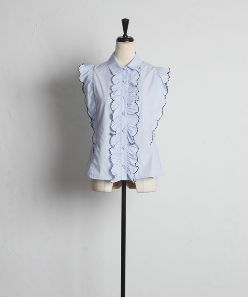 tocco closet(トッコ クローゼット)の「パール釦スカラップフリル配色ブラウス(シャツ/ブラウス・レディース・ライトブルー/オフホワイト・M)」の10枚目の写真