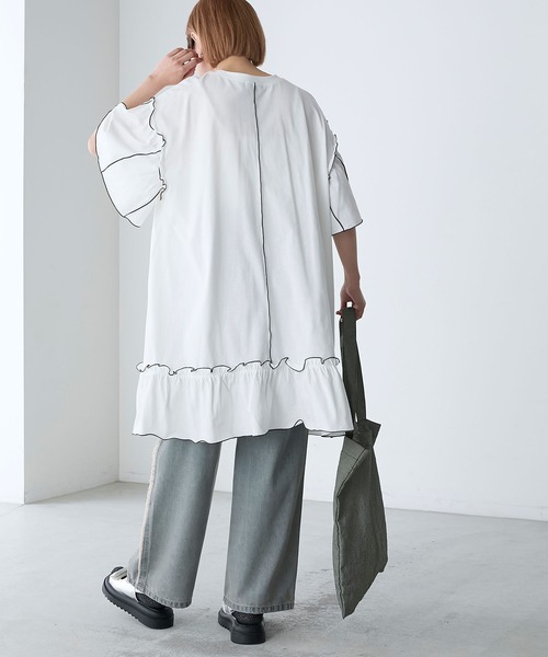 forksy.】フレアスリーブフリルメローオーバーサイズTシャツ（Tシャツ