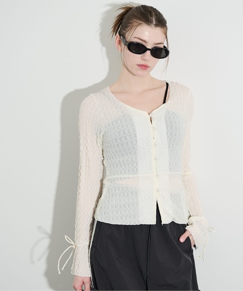 MOCOA'S(モコアズ)の「スリーブリボンレースシアーカーディガン(Tシャツ/カットソー・レディース・ブラック/ホワイト・FREE)」の3枚目の写真