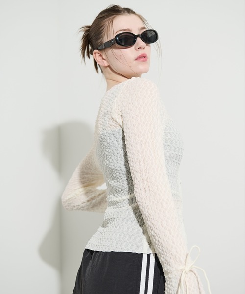 MOCOA'S(モコアズ)の「スリーブリボンレースシアーカーディガン(Tシャツ/カットソー・レディース・ブラック/ホワイト・FREE)」の10枚目の写真