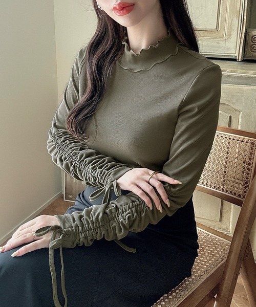 セール】シアーハイネックギャザーリボントップス（Tシャツ/カットソー