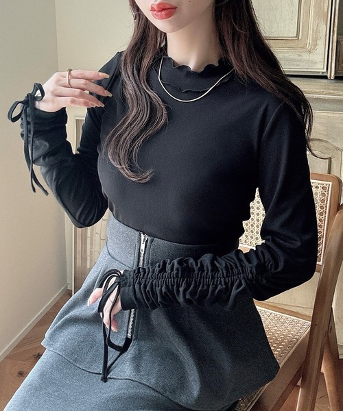 セール】シアーハイネックギャザーリボントップス（Tシャツ/カットソー