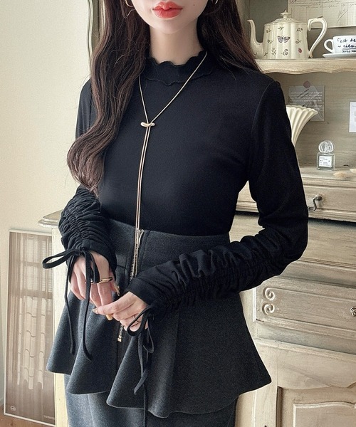 M me eme サイドリボン ビジュー オフショル シアートップス BLACK セール】シアーハイネックギャザーリボントップス（Tシャツ/カットソー