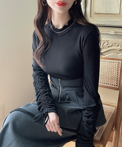 セール】シアーハイネックギャザーリボントップス（Tシャツ/カットソー