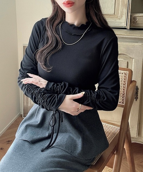 セール】シアーハイネックギャザーリボントップス（Tシャツ/カットソー