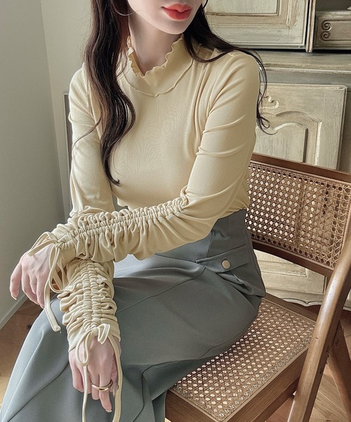 セール】シアーハイネックギャザーリボントップス（Tシャツ/カットソー