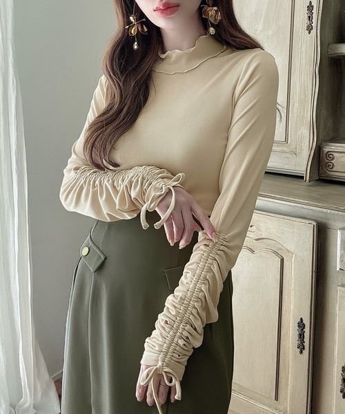 セール】シアーハイネックギャザーリボントップス（Tシャツ/カットソー