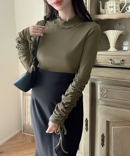 セール】シアーハイネックギャザーリボントップス（Tシャツ/カットソー