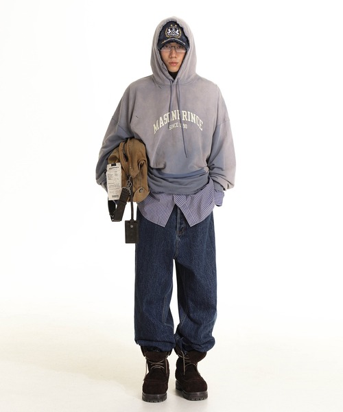 セール】オーバーサイズ ウォッシュ加工 カレッジ風 パーカー