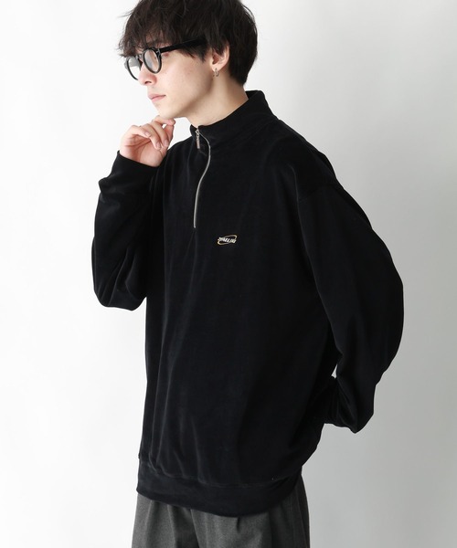 ENOF ベロア ハーフジップ プルオーバー 黒 セール】ベロア/ワンポイント刺繍ハーフジップ（スウェット